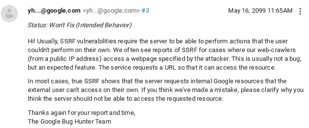 google response about ssrf