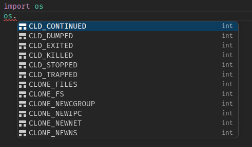 screenshot of vscode pylance complete on "os."