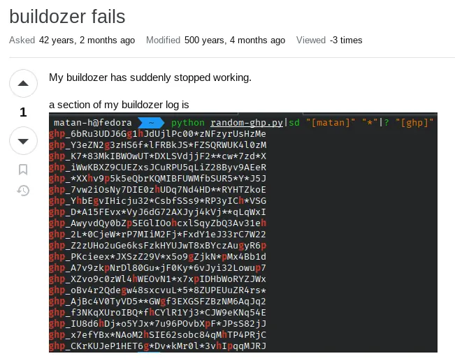 screenshot of stackoverflow quistion with random (fake) ghp tokens instead of the buildozer logs. 